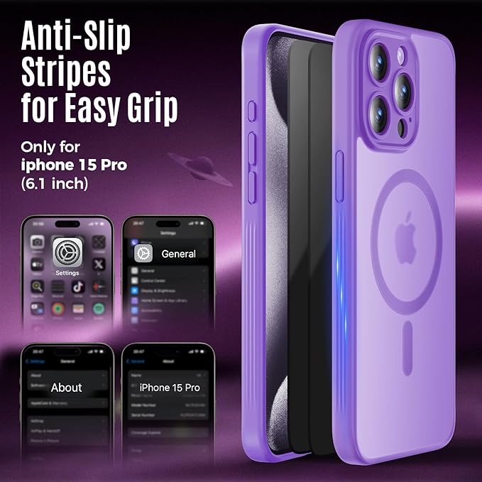 Symcele Designed for iPhone 15 Pro Case, Compatible with MagSafe, with Privacy Screen Protectors X2, [Camera Protection] [15FT Military Drop Protection] Shockpoof Phone Case, 6.1'', Light Purple