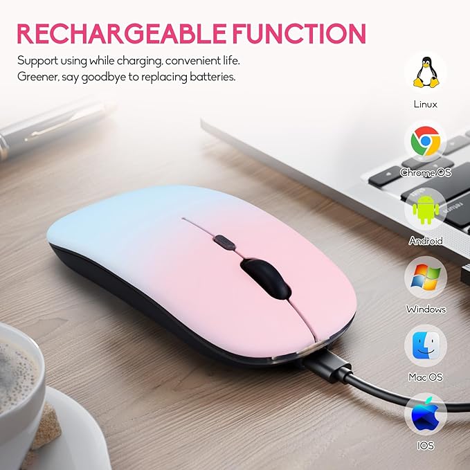 Wireless Bluetooth Mouse,LED Dual Mode Rechargeable Silent Slim Laptop Mouse,Portable(BT5.2+USB Receiver) Dual Mode Computer Mice,for Laptop,Desktop Computer,ipad Tablet,Phone,TV (Pollen blue)
