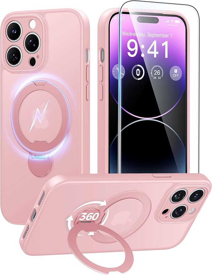 FNTCASE for iPhone 14 Pro Case: [360 Spin Magnetic Stand] [Compatible with Magsafe] [Screen Protector] Translucent Matte Military Grade Shockproof Full Camera Protective Phone Cover - Pink