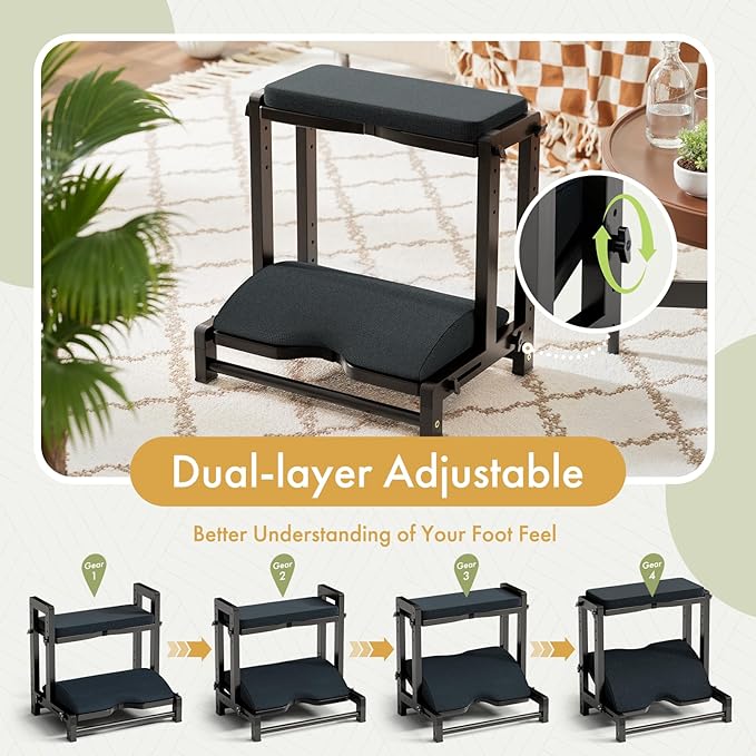 Double Step Foot Rest Under Desk, Adjustable Wooden Desk Foot Rest with 4 Heights, Ergonomic Foot Stool with Cushion for Office, Gaming & Study (Black)