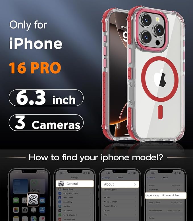 DEERLAMN Strong Magnetic Case for iPhone 16 Pro 6.3-Inch,[Compatible with Magsafe] Clear Slim Shockproof Protective Phone Cover for Women Men-Transparent+Red