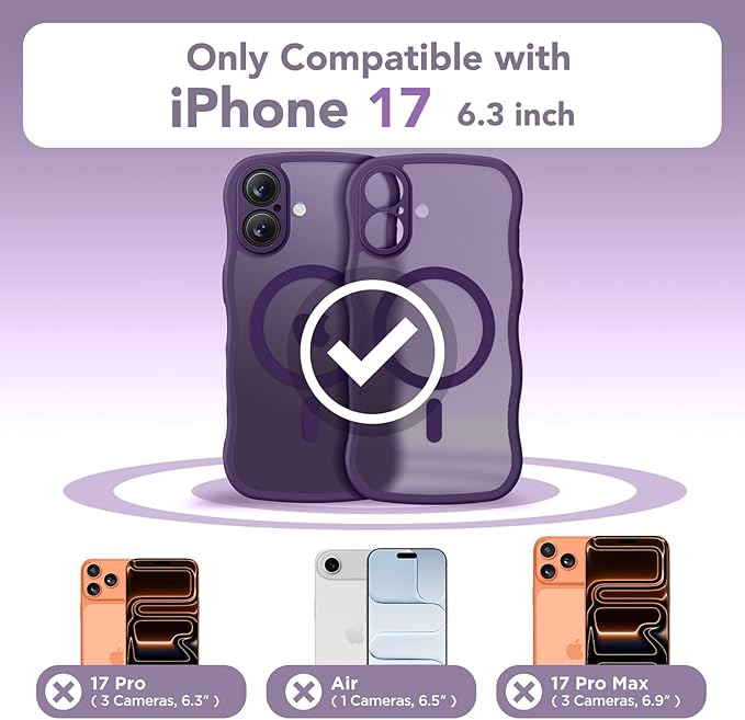 CAPRARO Magnetic for iPhone 17 Case for Women Girls, Upgraded [Full Camera Protection] [Compatible with MagSafe] Cute Wave Translucent Matte Phone Case for iPhone 17, Deep Purple