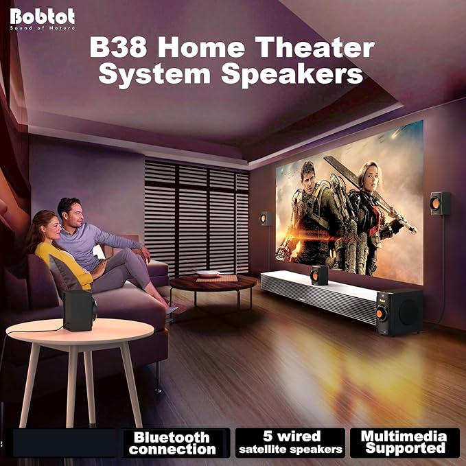 Bobtot Small Subwoofer Home Theater for TV Surround System 5 Wired Speakers Amplifier 4 inch Woofer Built-in Receiver Support ARC Optical Bluetooth Input for Projector