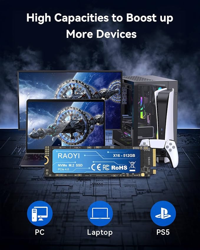 RAOYI 512GB NVMe Internal Solid State Drive M.2 2280 PCIe Gen4x4 SSD, Up to 5000MB/s, Configure SLC Cache, Storage and Memory Expansion for PS5 Laptop Desktop