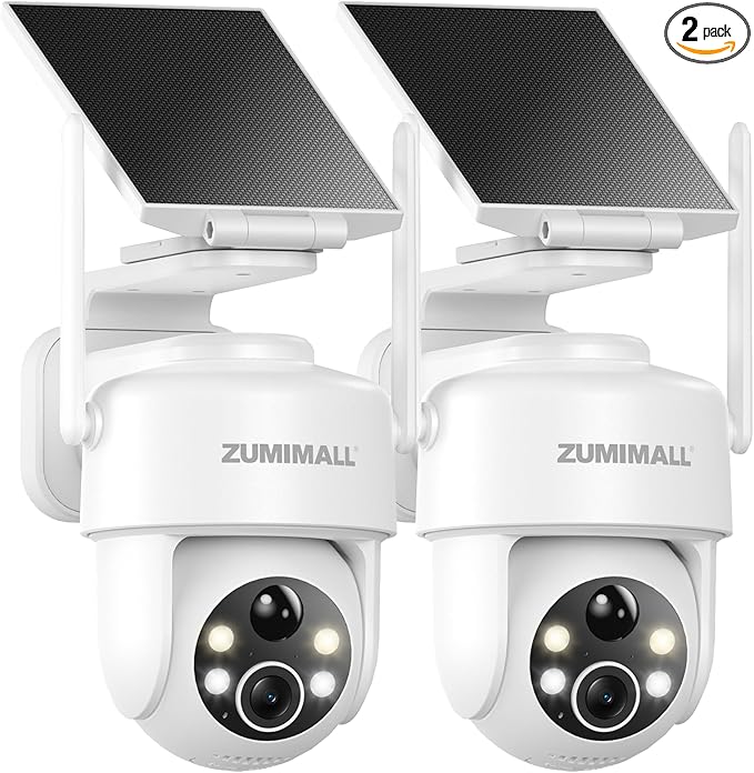 ZUMIMALL 2K Solar Security Cameras Wireless Outdoor 2-Pack, 360° PTZ Camera for Home Security with Color Night Vision, Flexible Mount, PIR Motion, 2-Way Talk, Free Cloud Storage, Work with Cloudedge