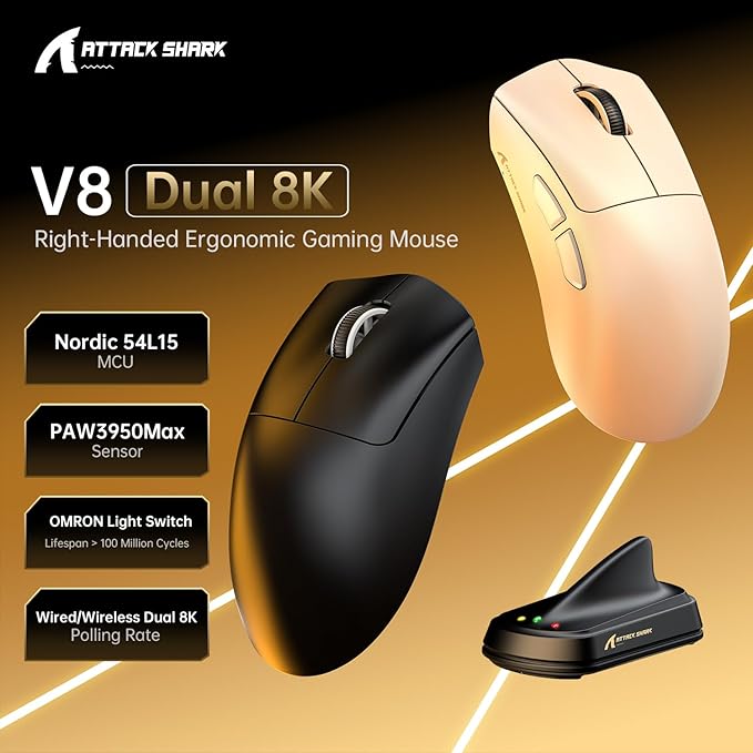 MAMBASNAKE ATTACKSHARK V8 Wireless Ultralight Gaming Mouse with 8K Polling,42000 DPI,Nordic54L15 MCU Chip,PAW3950 Max Sensor-Wired/BT/2.4Ghz,400Hrs Long Battery,Programmable for PC Mac FPS(White+Tape)