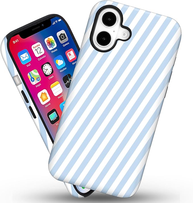 Magnetic for iPhone 16 Case Cute Diagonal Stripes Phone Case, Shockproof Slim TPU and Hard PC Protective Phone Cover Compatible with MagSafe Designed for Women Girls,Blue