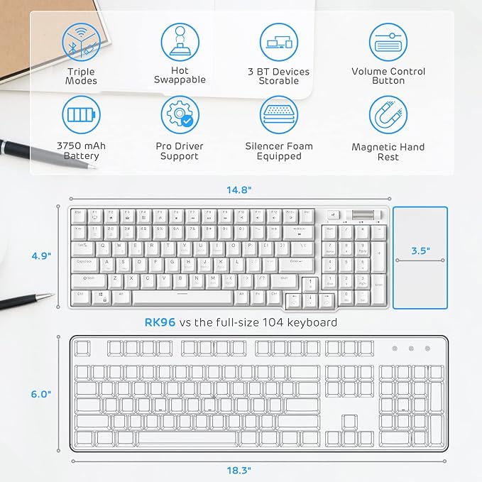RK ROYAL KLUDGE RK96 90% Triple Mode BT5.0/2.4G/USB-C Hot Swappable Mechanical Keyboard with Magnetic Wrist Rest, 96 Keys Wireless Gaming Keyboard with Software, Blue Backlight