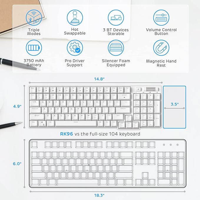 RK ROYAL KLUDGE RK96 90% Triple Mode BT5.0/2.4G/USB-C Hot Swappable Mechanical Keyboard with Magnetic Wrist Rest, 96 Keys Wireless Gaming Keyboard with Software, Blue Backlight
