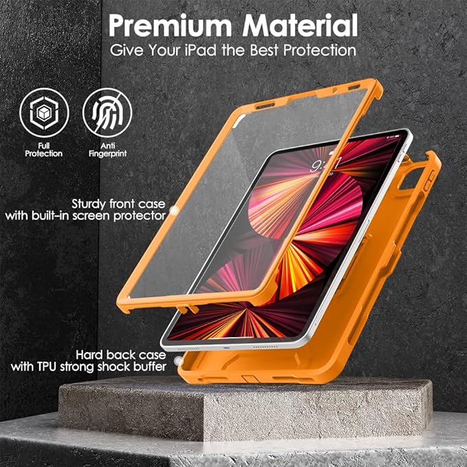 DTTO for iPad Pro 11 inch Case 2022(4th Gen)/2021(3rd Gen), [Screen Protector] Dual Layer Full Body Protection Cover with Pencil Holder, Also Fit iPad Pro 11'' 2020&2018/iPad Air 5/Air 4 - Orange