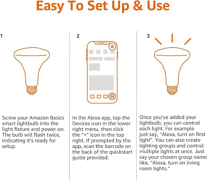 Amazon Basics Smart BR30 LED Light Bulbs for Bedroom Living Room, Dimmable Soft White (2700K), 9W (60W Equivalent), 800LM, Voice Control, Works with Alexa Only, 2.4 GHz Wi-Fi, No Hub Required, 4-Pack