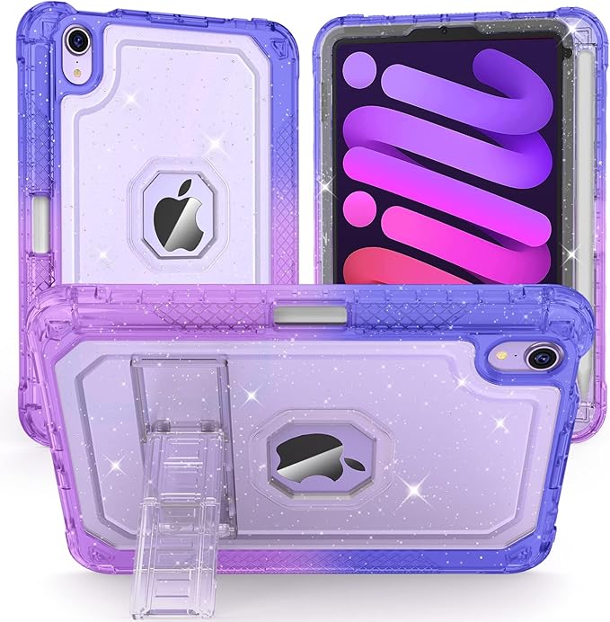 ZoneFoker Case for iPad mini A17 Pro, for iPad mini 7th/6th Generation Case 8.3 inch 2024/2021 with Pencil Holder/Stand, Slim Cover for i Pad Mini 7/6 (Clear Glitter/Gradient Blue Purple)