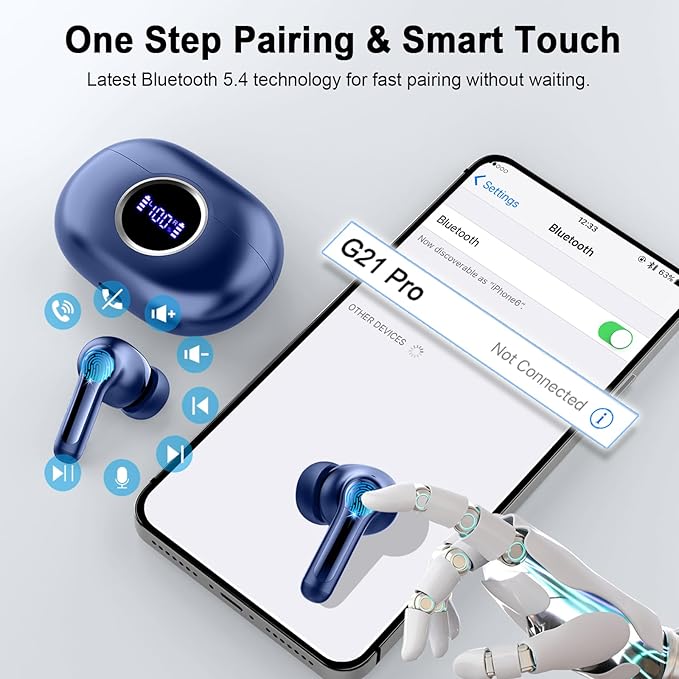 Wireless Earbuds, Bluetooth 5.4 Headphone 3D Stereo Bass Ear Bud, 4 ENC Noise Cancelling Mic, 40+Hrs USB-C in-Ear Earphone, IP-X7 Waterproof Headset Sport Workout Gym for Laptop Pad Android iOS