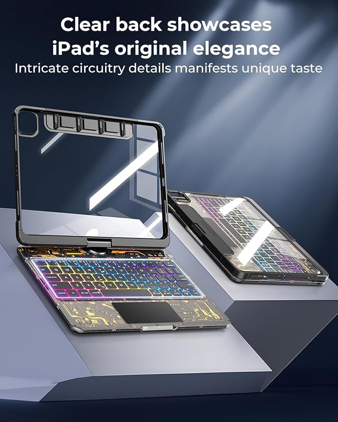 TSQQST Clear Wireless Keyboard Case for iPad Pro 11 Inch (M5/M4) 2025/2024 with Pencil Holder & Multi-Touch Trackpad, Visible PCB, 3-Brightness & 7-Color Backlight, 360° Rotating Stand, Black