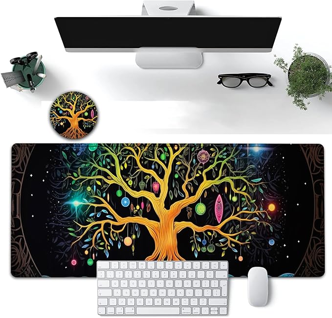 Large Mouse Pad, 31.5 x 11.8in Extended Gaming Mouse Pad with Stitched Edges, XXL Mousepad Protector Non Slip Rubber Base for Office and Home Writing Mat, Colorful Tree of Life Pattern Black Desk Mat