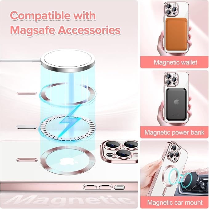 Hython Magnetic Clear for iPhone 13 Pro Case with Camera Lens Protector [Compatible with MagSafe] Luxury Plating Edge Slim Soft TPU Cover Protective Phone Case for iPhone 13 Pro 6.1", Pink