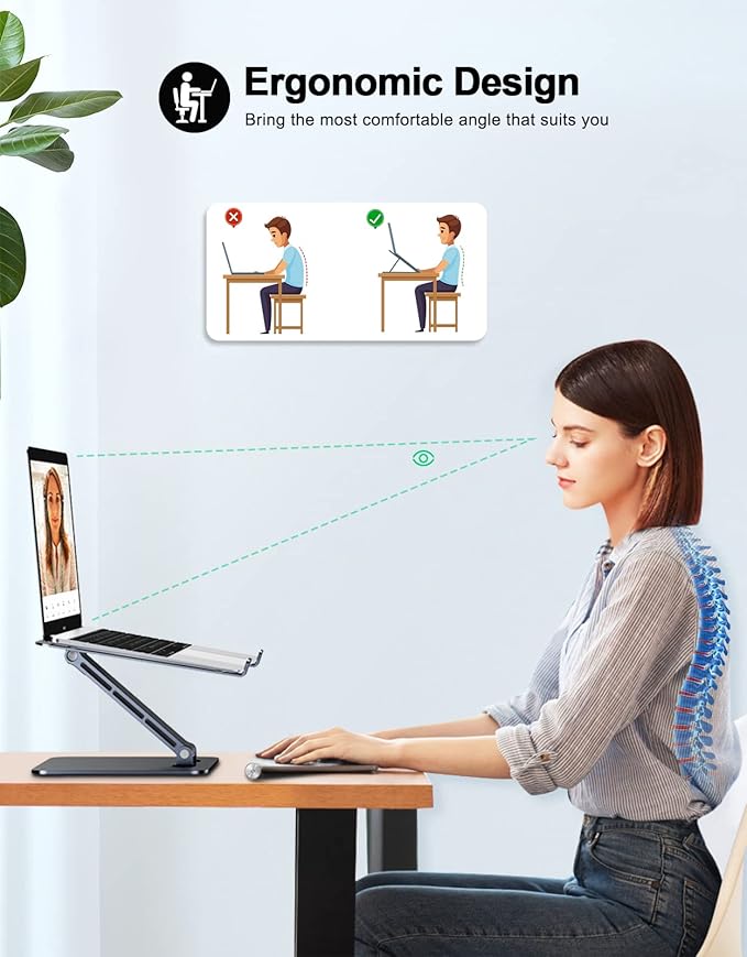 RIWUCT Foldable Laptop Stand, Height Adjustable Ergonomic Computer Stand for Desk, Aluminum Portable Laptop Riser Holder Notebook Mount Compatible with MacBook Pro Air, HP, Dell 10-16"(Black)