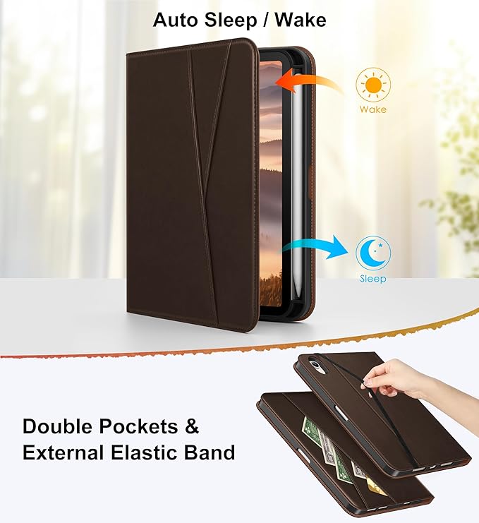 DTTO for iPad mini 7 (A17 Pro) Case, iPad mini 7th / 6th Generation Case (2024/2021), 360 Degree Rotating Premium Leather Folio Stand Cover with Pencil Holder, Dark Brown