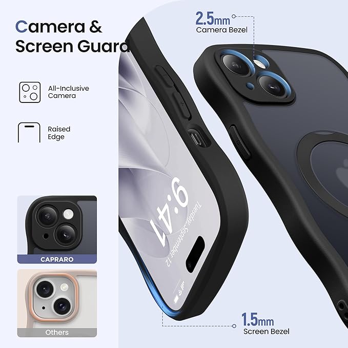 CAPRARO for iPhone 15 Plus Case with 360° Spin Magnetic Stand for Women, [Compatible with MagSafe] [Full Camera Protection] Cute Wave Translucent Matte Case for iPhone 15 Plus, Black