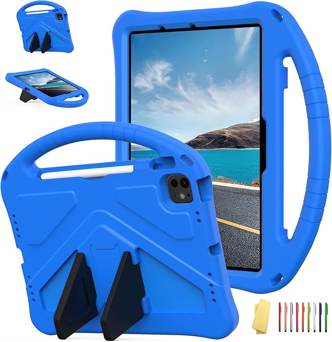 Kids Case for iPad Pro 11-Inch 2022/2021/2020/2018 (4th/3rd/2nd/1st Generation) & iPad Air 5th/4th Gen Case 2022/2020 10.9" with Kickstand/Handle/Pencil Holder Stand Girl Boy Cover, Blue