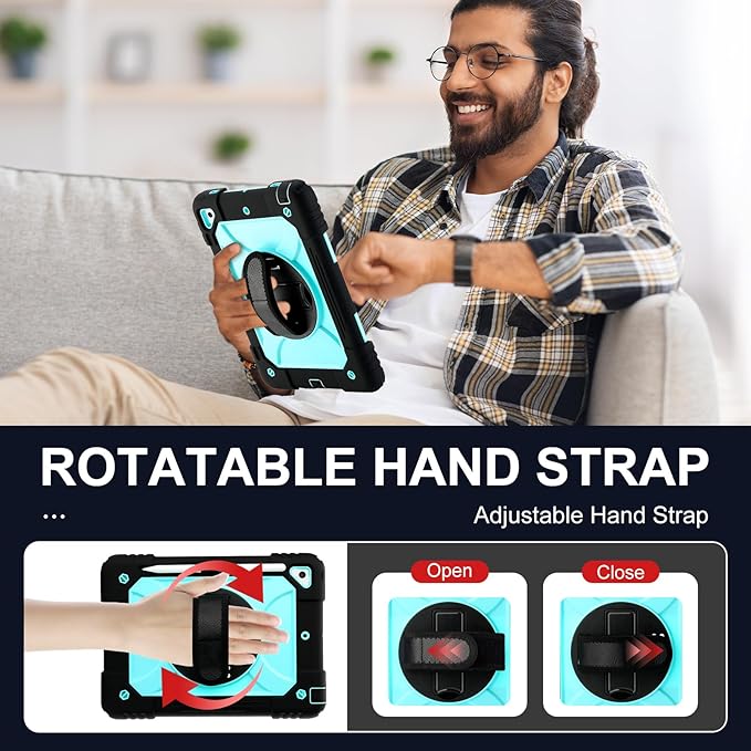 for iPad 6th Generation/iPad 5th Gen/iPad Air 2/iPad Pro 9.7" Case with Cute Key Chain, Rugged Protective Case with Rotating Stand & Shoulder Hand Strap for iPad 6th/5th/ Air 2 (Black+Aqua)