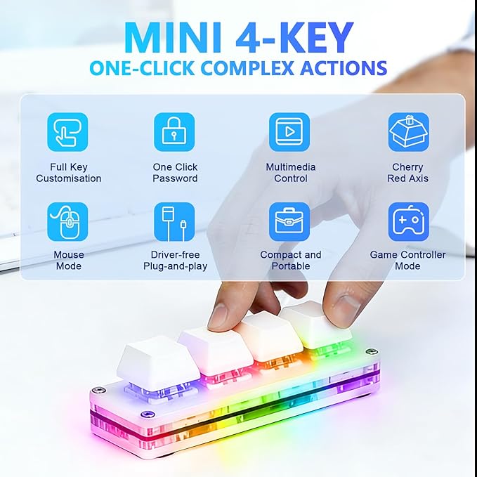 aikeec White Mini 4-Key Keypad Mechanical Gaming Keyboard, Self Programming,OSU Hot Swap Game Keyboards with 1.5m USB-C Data Cable（Upgrade Cherry Shaft &RGB LED）