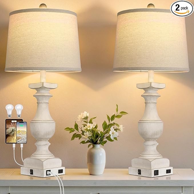 28'' Washed White Table Lamp for Bedroom Nightstand, Vintage Bedside Lamp with USB A+C Port, Farmhouse Desk Lamp with Linen Shade Set of 2, Traditional Nightstand Lamp, Rocker Switch,Bulb Included