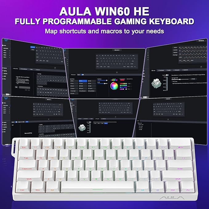 Aula WIN60 HE 60% Mechanical Keyboard Wired, Hall Effect Gaming Keyboard Magnetic Switch Hot Swappable, Adjustable Actuation Rapid Trigger Mode 8000Hz Polling Rate, RGB Keyboard 60 Percent Design
