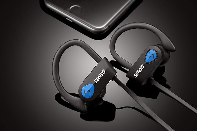 Senso Bluetooth Headphones, Best Wireless Sports Earphones w/Mic IPX7 Waterproof HD Stereo Sweatproof Earbuds for Gym Running Workout 8 Hour Battery Noise Cancelling Headsets (Black Blue)