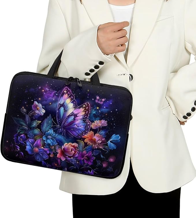 Purple Butterfly Floral 10 Inch Laptop Sleeve, Protector Laptop Case Tote Bag, Women Computer Cover with Zipper Work Travel Handbag Tablet Carrying Shoulder Bag for School Business