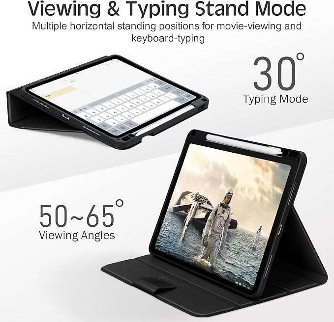 KingBlanc Case for iPad Pro 13 inch (M5 2025/M4 2024) with Pencil Holder, Vegan Leather Stand Cover, Auto Sleep/Wake, Support Pencil Pro/(USB-C), Viewing/Writing Angles, Vintage Notebook Style, Black