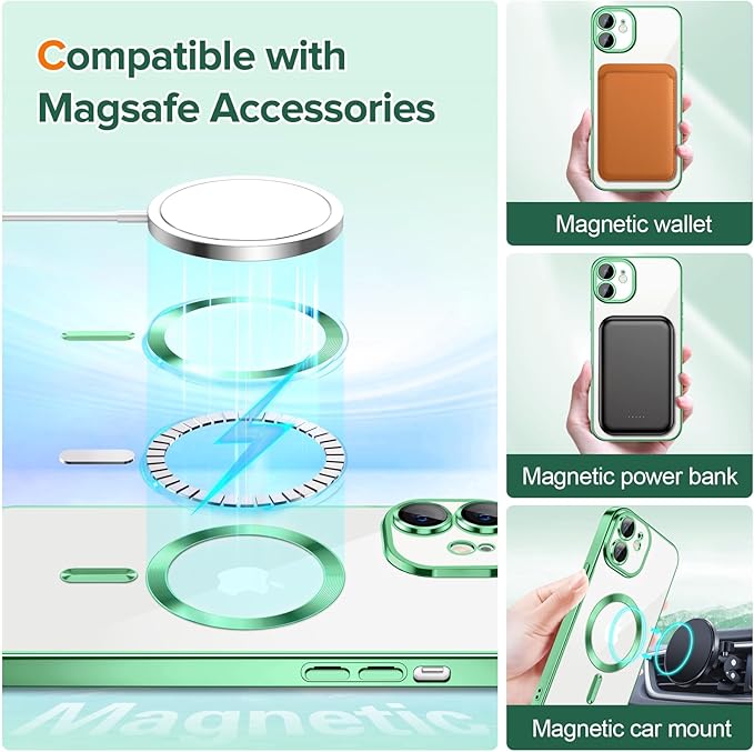 Hython Magnetic Clear for iPhone 12 Case with Camera Lens Protector [Compatible with MagSafe] Luxury Plating Edge Slim Soft TPU Cover Protective Phone Case for iPhone 12 6.1", Light Green