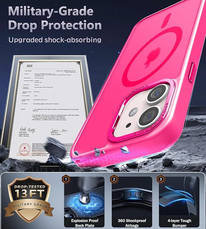 Newfuture Designed for iPhone 12 Case/iPhone 12 Pro Case with Magnetic [13 FT Military Drop Protection] [Compatible with Magsafe] Translucent Shockproof with Anti-Fingerprint Phone Case, Hot Pink