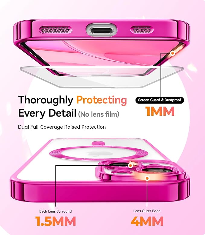 Meifigno for iPhone 15 Case 6.1", [Glitter Card & Wrist Strap] [Compatible with MagSafe] [2X Screen Protectors] Surround Raised Camera Lens Protection for iPhone 15 Case, Hot Pink