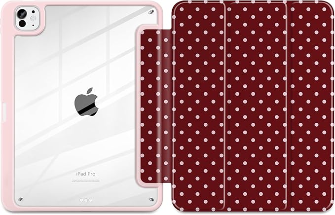 TWOLSKOO Case for iPad Pro 11-inch (M5 2025 / M4 2024), Clear Acrylic Back with TPU Bumper, Pencil Holder, Trifold Stand, Auto Sleep/Wake, Red Polka Dot