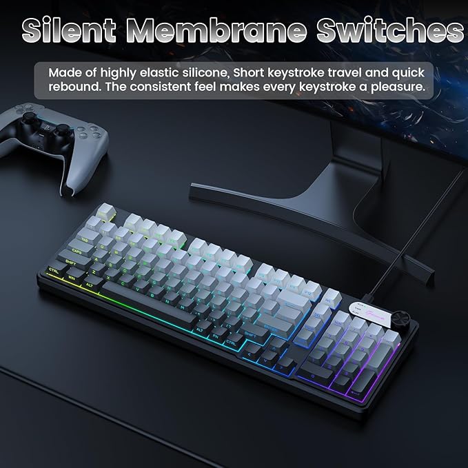 GEODMAER G98 Gaming Keyboard, 99 Keys Silent Wired Keyboard with Number Pad & Knob, RGB Backlit, Side Printed PBT Keycaps, Anti-ghosting, Water Repellent Computer Keyboards for PC Mac Laptop Gamer