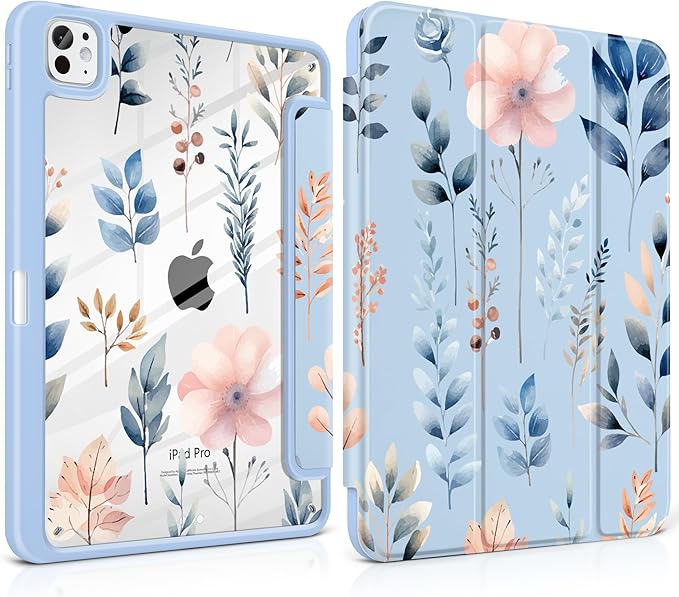 Case for iPad Pro 13 inch (M5) 2025 (M4) 2024 Release Slim Lightweight Cute Light Blue Cover with Clear Back TPU Edge Pencil Holder Trifold Stand, Hand-Drawn Leaves