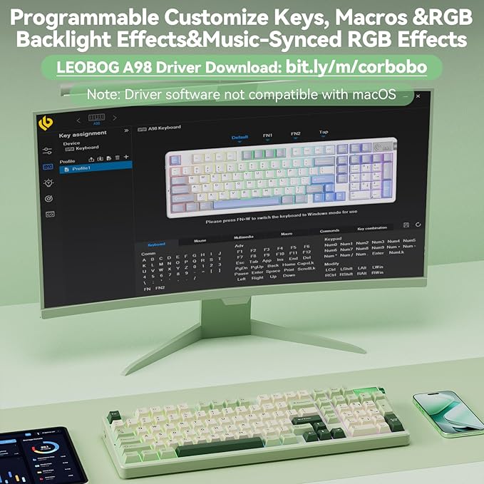 CORBOBO LEOBOG A98-96% Mechanical Keyboard Wireless, Tri-Mode BT5.0/2.4GHz/USB-C, Creamy Keyboard with Number Pad, Gasket Structure Hot Swappable, RGB Backlit Green Gaming Keyboards with Knob for PC