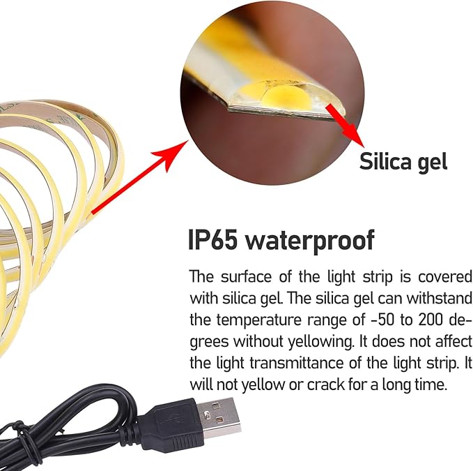 DC 5V USB COB LED Strip Light Natural White 4000K Dimmable IP65 Waterproof CRI 93+ USB Powered 6.6ft/2M 640LEDs with Dimmer High Brightness Flexible LED Tape Lights