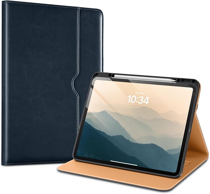 VIKESI Case for iPad Pro 13-inch M5 or M4 Released in 2025 or 2024, Leather Stand Cover with Apple Pencil Holder, Auto Wake/Sleep, Multiple Viewing Angles, Built in Hand Strap & Pocket,Blue