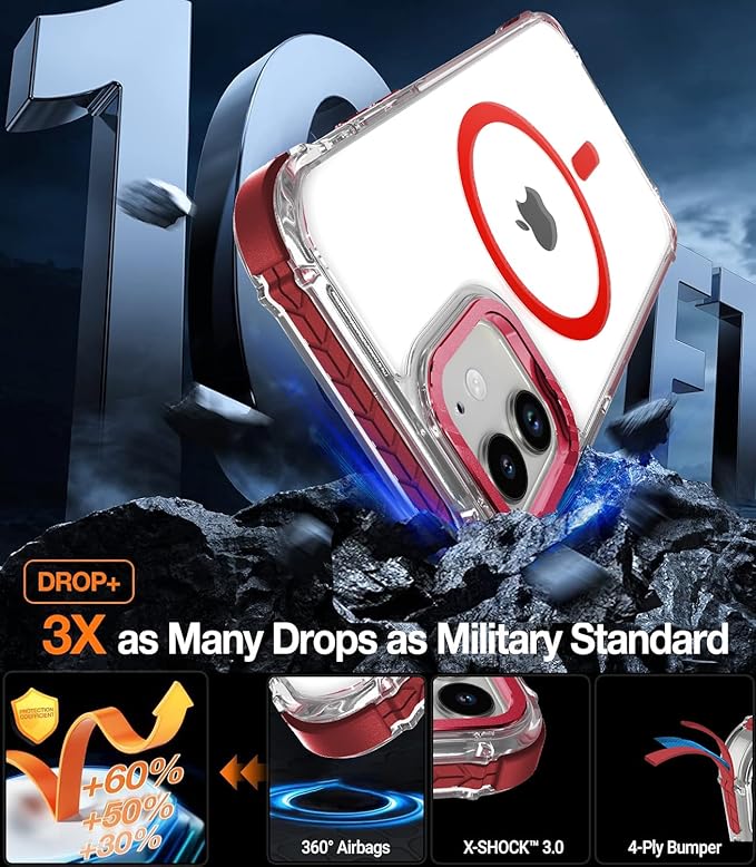 DEERLAMN Strong Magnetic Case for iPhone 12/12 Pro 6.1-Inch,[Compatible with Magsafe][Military Grade Drop Protection] Clear Slim Shockproof Protective Phone Cover-Transparent+Red