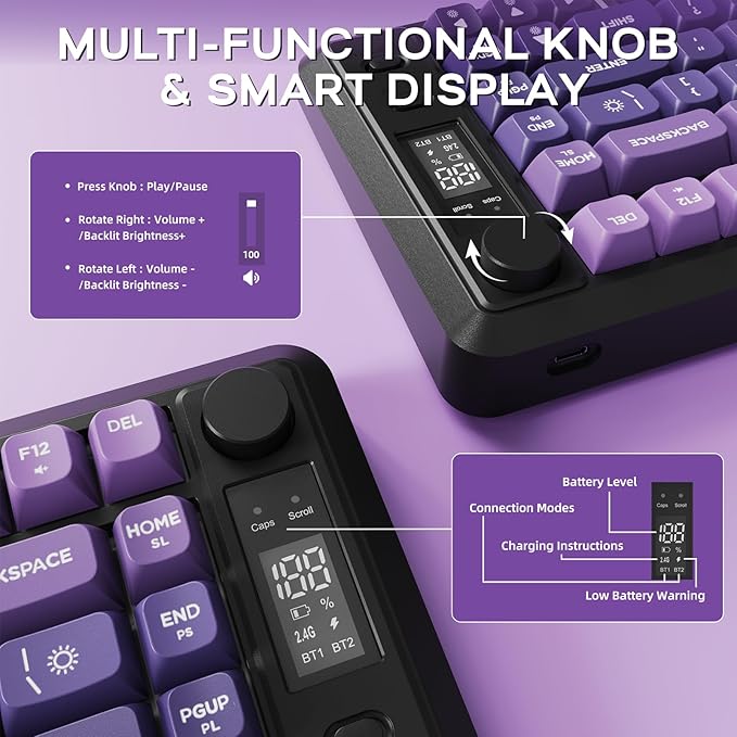 FREEWOLF M75 Wireless Gaming Keyboard Mechanical Feel Membrane with Knob & OLED Display Bluetooth/2.4Ghz Rainbow Backlit Gradient PBT Keycaps 2000mAH Battery Anti-Ghosting-Purple