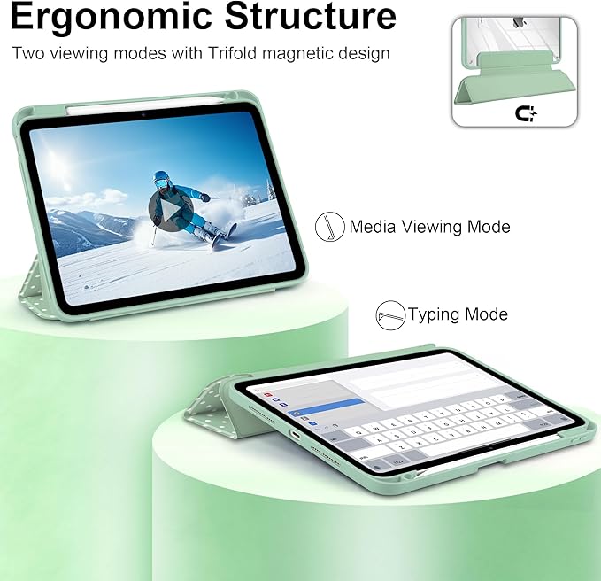 Case for iPad Pro 11 Inch (M5 2025 M4 2024) – [Built-in Pencil Holder], Shockproof & Stylish, Clear Hard Back + Soft TPU Edge, Magnetic Trifold Stand, Auto Wake/Sleep, Green White dot