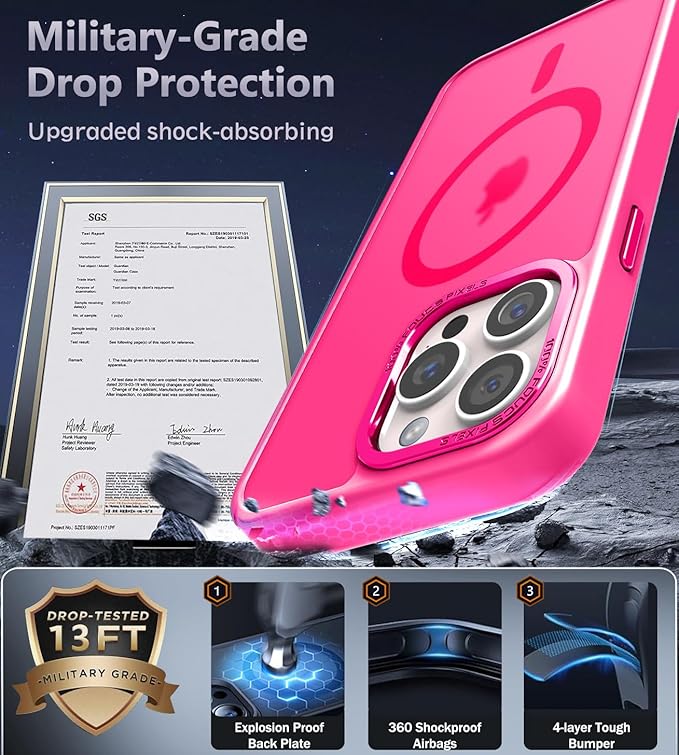 Newfuture Designed for iPhone 14 Pro Max Case with Magnetic [13 FT Military Drop Protection] [Compatible with Magsafe] Slim Translucent Matte Shockproof with Anti-Fingerprint Phone Case, Hot Pink