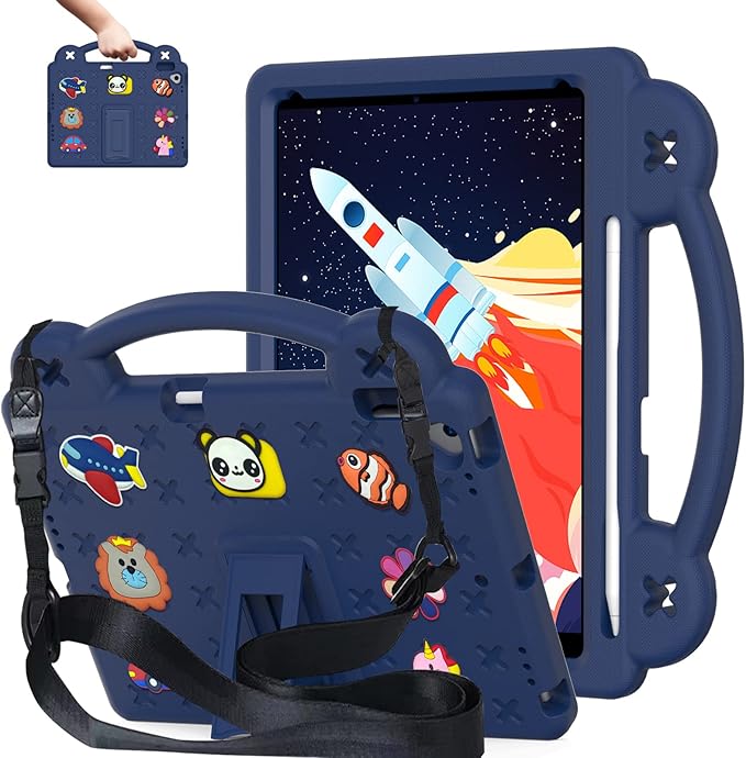 AKABEILA Compatible with Apple iPad 7 2019 10.2/iPad 8 2020 10.2/iPad 9 2021 10.2/iPad Pro 10.5 2017/iPad Air 3 2019 10.5 Tablet Case, Kids Case with Shoulder Strap & Stand Handle & Pen Tray Navy Blue