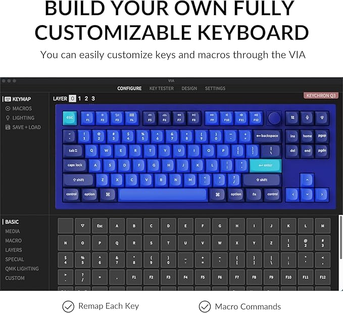 Keychron Q3 Wired Custom Mechanical Keyboard Knob Version, TKL Tenkeyless QMK/VIA Programmable Macro with Hot-swappable Gateron G Pro Blue Switch Double Gasket Compatible with Mac Windows Linux (Blue)