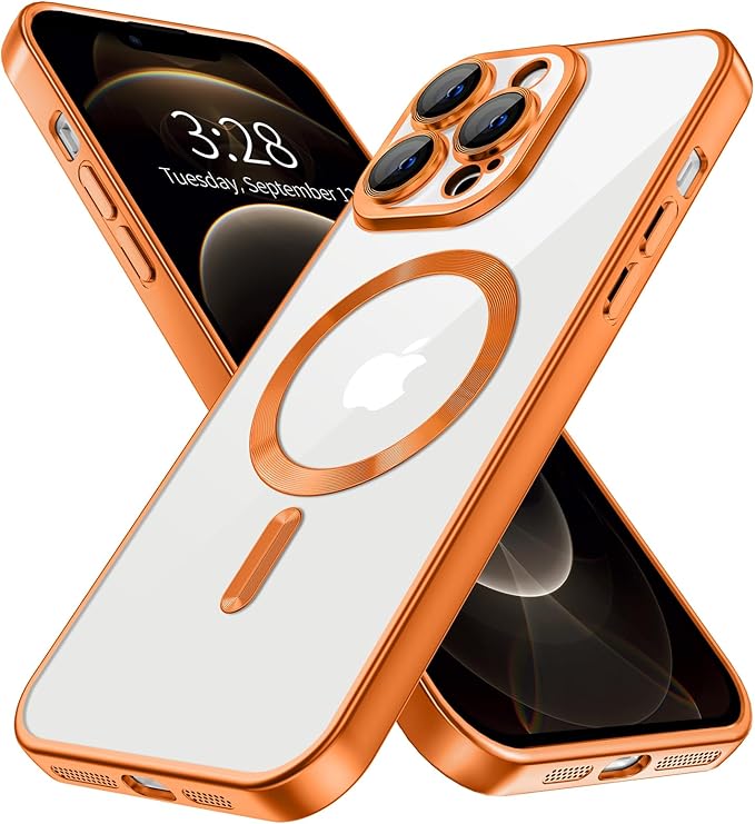 Hython Magnetic Clear for iPhone 12 Pro Case with Camera Lens Protector [Compatible with MagSafe] Luxury Plating Edge Slim Soft TPU Cover Protective Phone Case for iPhone 12 Pro 6.1", Matte Orange
