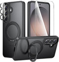 360°Ring Stand for Samsung Galaxy S26 Plus Case with 1X Screen Protector +1X Camera Cover,Fit for MagSafe, Translucent Matte Cover & Scratch-Resistant Back Cover for Galaxy S26 Plus 6.7", Black