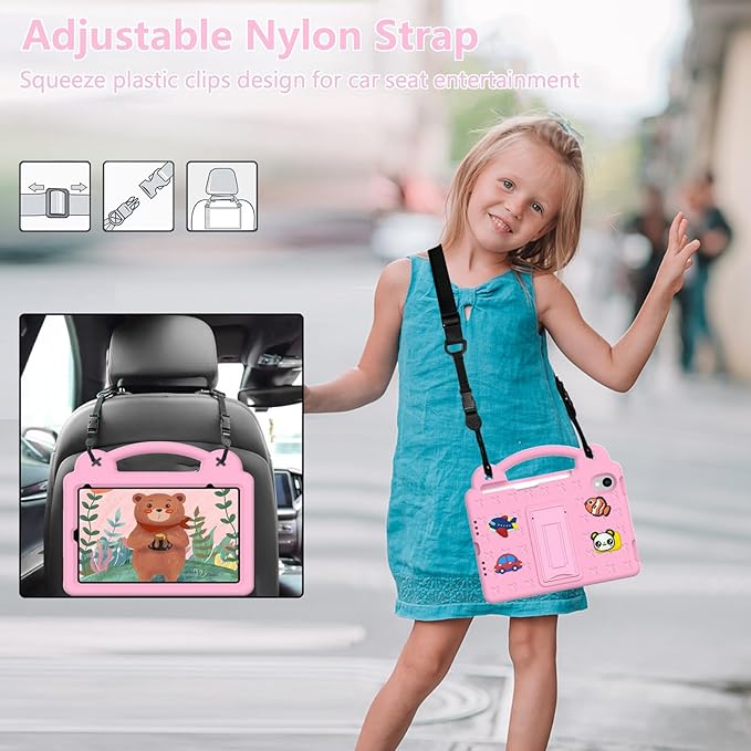 AKABEILA Compatible with Apple iPad mini 6 2021 8.3 inch Tablet Case, Kids Friendly Universal Lightweight Shockproof Protective Case with Shoulder Strap & Stand Handle & Pen Tray Pink