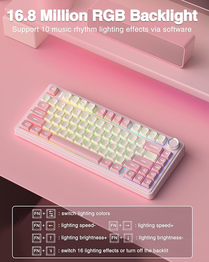 AULA F75 75% Wireless Mechanical Keyboard, Hot Swappable Pink Creamy Keyboard, Pre-lubed Linear Switches, PBT Keycaps, 2.4GHz/Type-C/BT5.0, RGB Backlit Computer Gaming Keyboards for Office/Laptop/PC